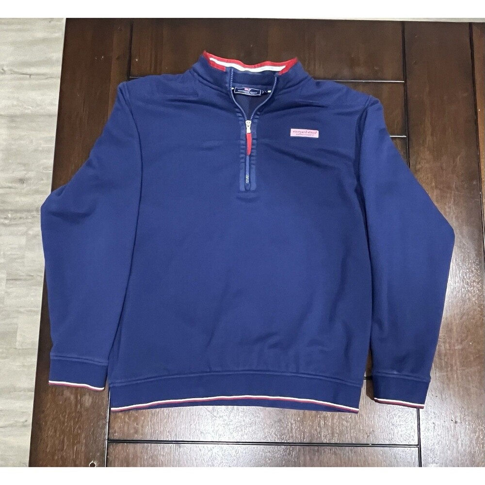 Vineyard Vines Men Large Shep Shirt 1/4 Zip Pullover Navy Blue Red White Trim